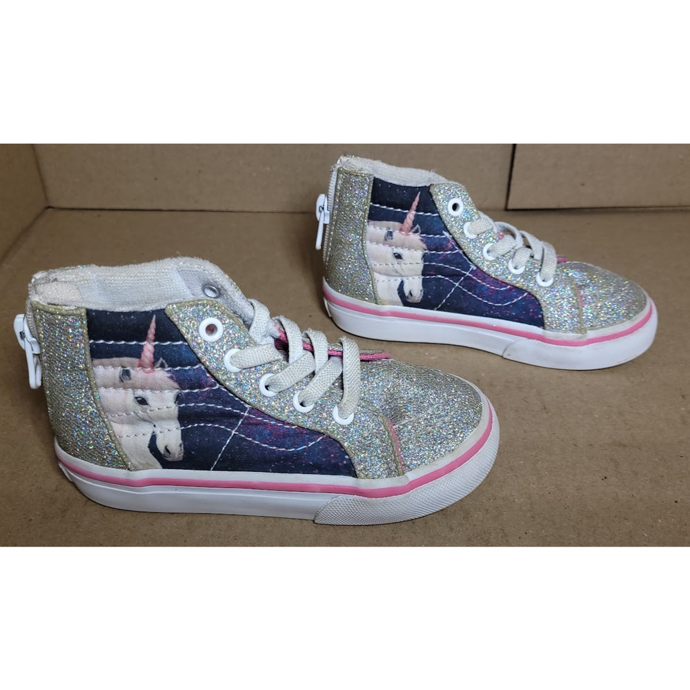 Vans High Top Shoes Girls 7 toddler Sparkle Silver Purple Unicorn Zip Up